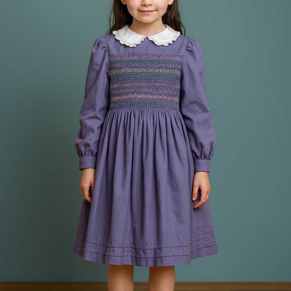 Girls smocked Dress long sleeve  Cream Collar Handmade Vintage. School Girl